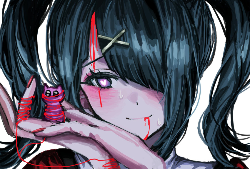 ame-chan_(needy_girl_overdose) black_hair bleeding_from_forehead blood blood_from_mouth blush closed_mouth commentary_request diagonal_bangs dress female hair_ornament hair_over_one_eye hands_up heart heart-shaped_pupils highres implied_self-mutilation medium_hair needy_girl_overdose one_eye_covered own_hands_together pien_cat_(needy_girl_overdose) portrait purple_eyes red_dress red_nails smile string string_around_finger string_of_fate symbol-shaped_pupils twintails white_background x_hair_ornament x_x_(batttsu_404)