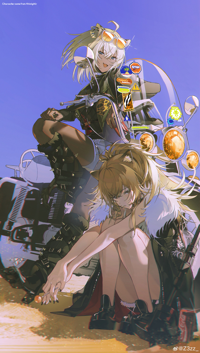 2girls absurdres ahoge animal_ear_fluff animal_ears arknights black_jacket black_nails blonde_hair blue_eyes blue_sky candy character_request choker commentary_request dark-skinned_female dark_skin ear_piercing eyewear_on_head food fur-trimmed_jacket fur_trim gun highres interlocked_fingers jacket jacket_on_shoulders lion_ears lion_girl lollipop looking_at_viewer motor_vehicle motorcycle multiple_girls open_mouth orange-tinted_eyewear own_hands_together pantyhose_under_shorts piercing platform_footwear short_shorts shorts siege_(arknights) sky spiked_boots squatting studded_choker tinted_eyewear weapon z3zz4