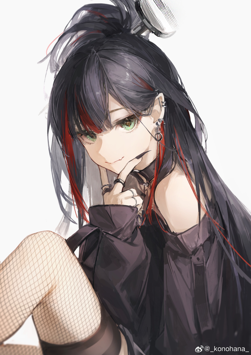 absurdres bare_shoulders black_choker black_hair black_nails choker ear_piercing earrings female finger_to_face fingernails fishnet_thighhighs fishnets green_eyes hand_up highres jewelry knee_up konohana_(weibo) long_fingernails long_hair long_sleeves looking_at_viewer mika_melatika mika_melatika_(2nd_costume) multicolored_hair nail_hair_ornament nijisanji nijisanji_id o-ring o-ring_choker oerba_yun_fang off_shoulder piercing red_hair ring skin_fang smile solo streaked_hair thighhighs upper_body virtual_youtuber weibo_logo weibo_watermark white_background