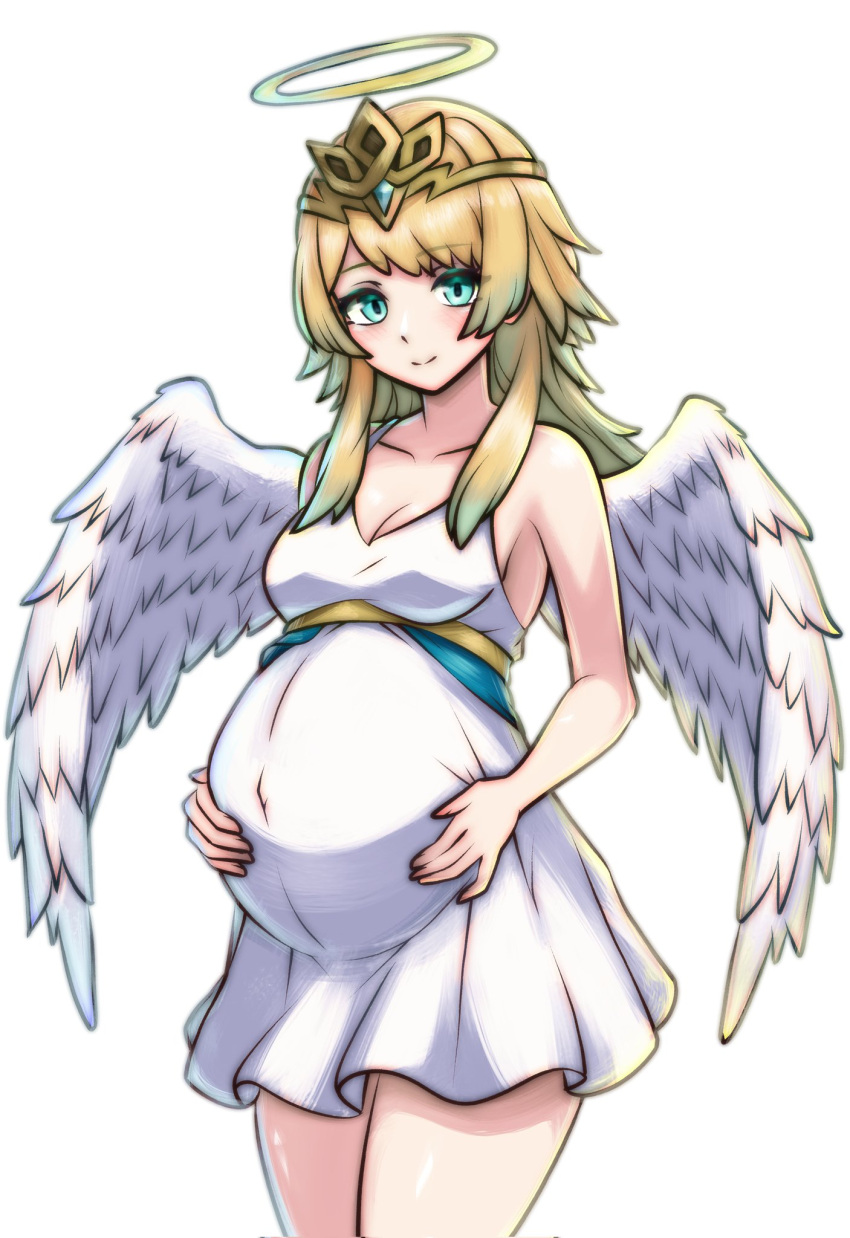 alternate_costume alternate_hairstyle angel_wings aqua_eyes blonde_hair blush breasts cleavage closed_mouth dress female fire_emblem fire_emblem_heroes fjorm_(fire_emblem) gradient_hair halo hands_on_own_stomach highres long_hair medium_breasts multicolored_hair pregnant rotomdocs short_dress simple_background sleeveless sleeveless_dress smile solo white_background white_dress wings