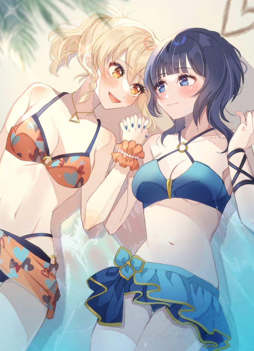 2girls :d asaka_karin beach bikini black_bikini blue_bikini blue_nails breasts cleavage commentary cowboy_shot criss-cross_halter diverdiva frilled_bikini frills halterneck heart heart_print highres holding_hands interlocked_fingers love_live! love_live!_nijigasaki_high_school_idol_club lying medium_breasts mismatched_bikini miyashita_ai multiple_girls o-ring o-ring_top official_alternate_costume on_back orange_bikini orange_sarong outdoors print_bikini print_sarong sarong shimada_(smd_dms) smile swimsuit teeth upper_teeth_only