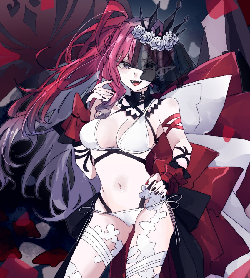 baobhan_sith_(fate) baobhan_sith_(swimsuit_pretender)_(fate) baobhan_sith_(swimsuit_pretender)_(third_ascension)_(fate) bikini black_nails breasts bridal_gauntlets detached_collar earrings fate/grand_order fate_(series) female flower grey_eyes hair_flower hair_ornament hand_on_own_hip hand_up highres jewelry long_hair looking_at_viewer miya_28o navel open_mouth pink_hair pointy_ears red_nails side_ponytail smile solo swimsuit tiara veil white_bikini white_flower wrist_cuffs