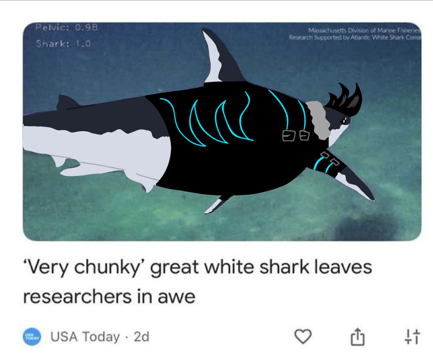 anthro black_clothing clothing english_text feral fish great_white_shark hair hi_res jacket leaving mackerel_shark male marine meme neon realta realta22 redraw shark solo swimming text thick_thighs topwear white_shark