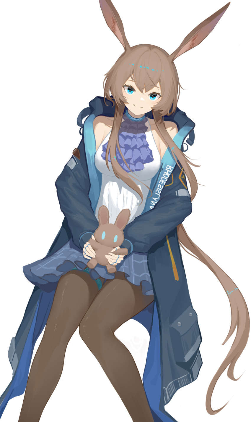 absurdres amiya_(arknights) animal_ears arknights ascot bare_shoulders black_coat blue_coat blue_collar blue_eyes blue_skirt brown_hair brown_pantyhose chinese_commentary closed_mouth clothes_writing coat collar commentary_request feet_out_of_frame female highres hood hood_down hooded_coat invisible_chair jewelry long_hair long_sleeves looking_at_viewer miniskirt mirrored_text open_clothes open_coat pantyhose partial_commentary purple_ascot ring shirt sidelocks simple_background sitting skirt sleeveless sleeveless_shirt smile solo split_mouth stuffed_toy thighlet very_long_hair white_background white_shirt yan_z