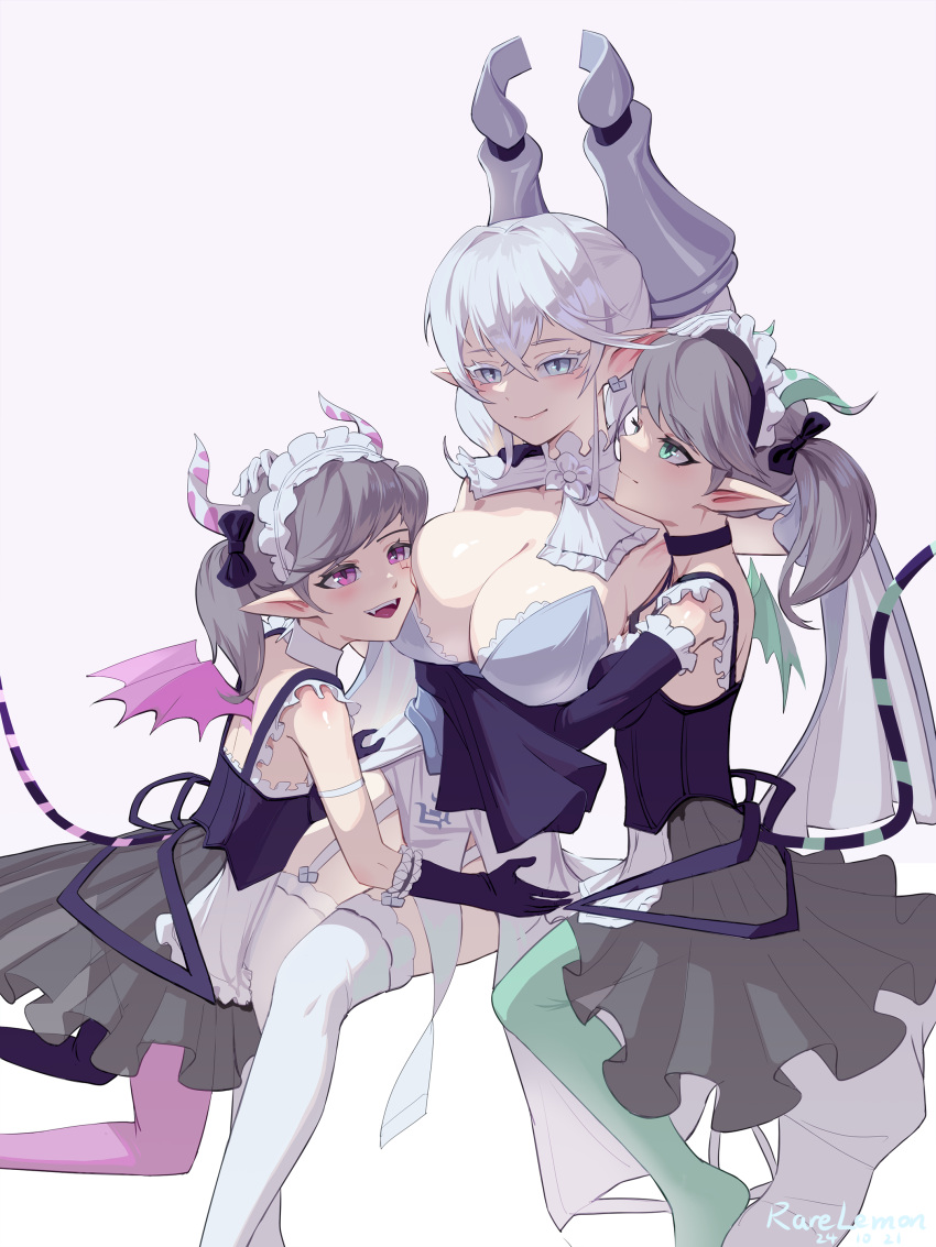 3girls absurdres arianna_the_labrynth_servant arianne_the_labrynth_servant artist_name black_bow black_gloves bow breasts chinese_commentary cleavage closed_mouth commentary_request dated demon_wings duel_monster earrings elbow_gloves fangs garter_straps girl_sandwich gloves gradient_background green_eyes green_pantyhose grey_eyes grey_hair grey_skirt hairbow hand_on_another's_head hand_on_another's_waist highres horns jewelry large_breasts lovely_labrynth_of_the_silver_castle maid maid_headdress multiple_girls open_mouth pantyhose pink_background pointy_ears purple_eyes purple_pantyhose rare_lemon sandwiched sitting skirt smile tail thighhighs twintails white_background white_gloves white_hair white_thighhighs wings yu-gi-oh! yuri