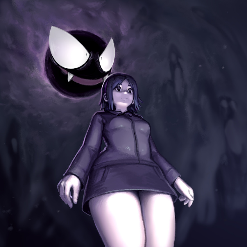 1:1 beta_hex_maniac black_body clothing dress duo female gastly generation_1_pokemon hair hex_maniac hi_res human human_focus kujalla mammal nintendo pokemon pokemon_(species) purple_eyes purple_hair short_hair smoke