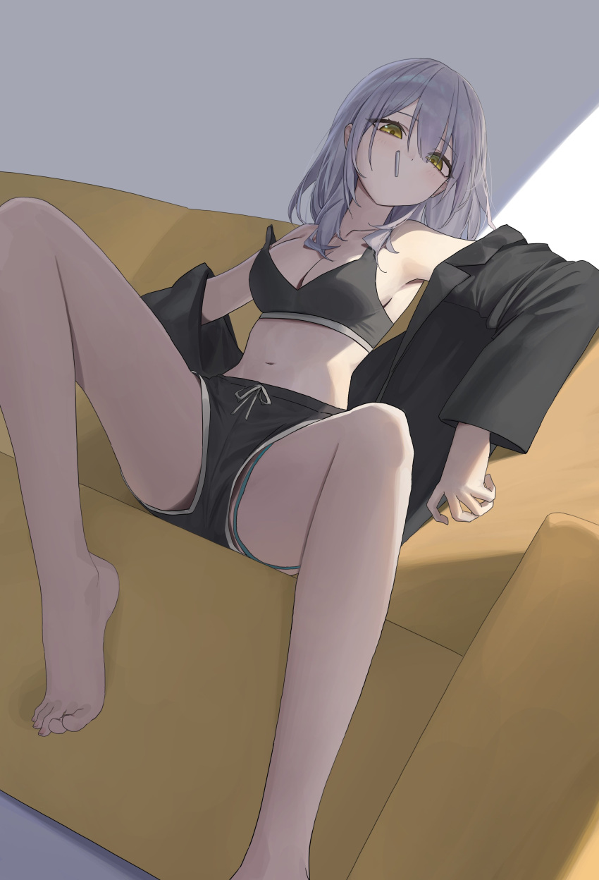 absurdres alternate_costume bare_legs barefoot black_bra black_shirt black_shorts bra breasts casual cleavage closed_mouth commentary couch dorsiflexion english_commentary expressionless eyes_visible_through_hair feet female foot_out_of_frame grey_hair hair_between_eyes highres honkai:_star_rail honkai_(series) legs looking_at_viewer medium_breasts medium_hair midriff mouth_hold navel off_shoulder open_clothes open_shirt shirt short_shorts shorts sitting ske4682 solo sports_bra spread_legs stelle_(honkai:_star_rail) strap_slip thigh_strap toenails toes trailblazer_(honkai:_star_rail) underwear yellow_eyes