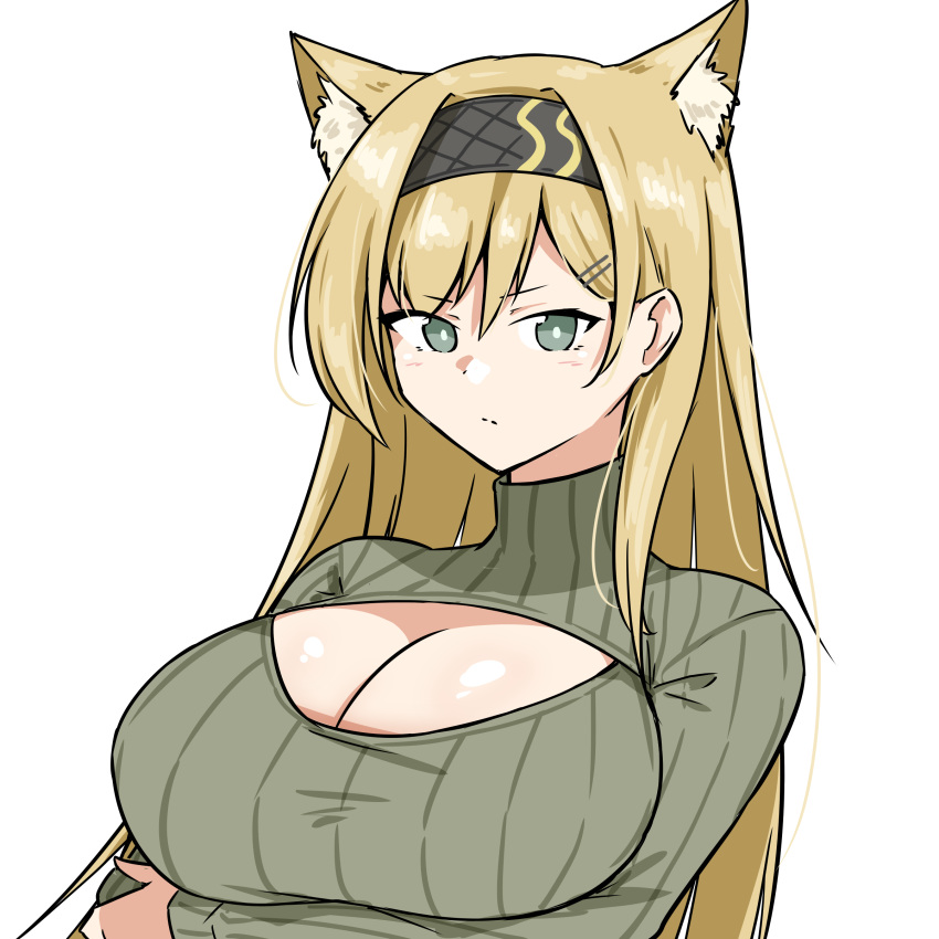 absurdres alternate_costume animal_ear_fluff animal_ears arknights arm_under_breasts black_hairband black_outline blonde_hair breasts bright_pupils cleavage cleavage_cutout closed_mouth clothing_cutout commentary_request english_commentary female green_eyes grey_sweater hair_ornament hairband hairclip highres horn_(arknights) large_breasts light_blush light_frown long_hair long_sleeves looking_at_viewer mixed-language_commentary outline ribbed_sweater simple_background solo split_mouth sweater turtleneck turtleneck_sweater upper_body white_background white_pupils xibu_cai