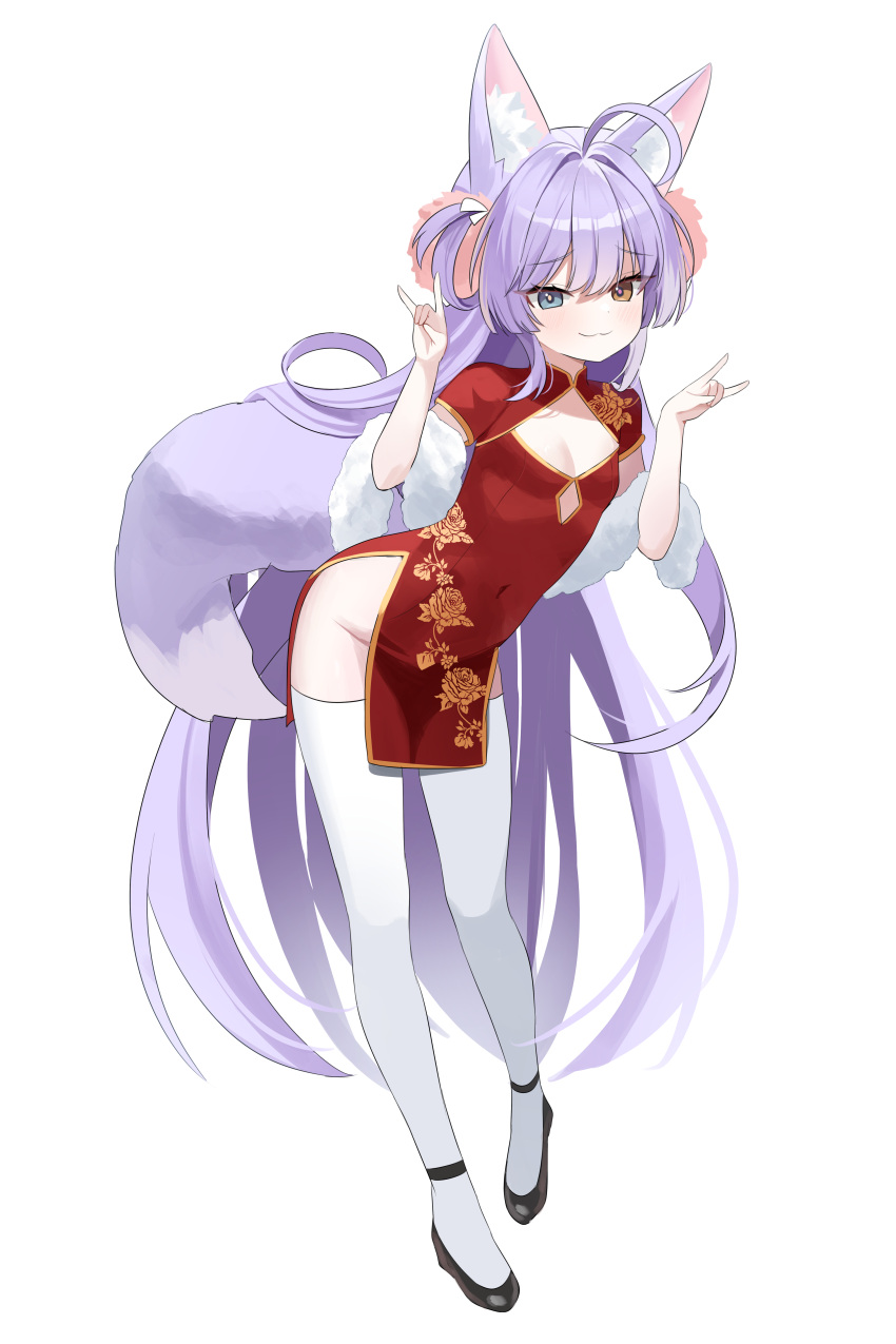 absurdres animal_ear_fluff animal_ears aqua_eyes black_footwear breasts china_dress chinese_clothes cleavage closed_mouth covered_navel dress female fox_ears fox_girl fox_shadow_puppet full_body hands_up heterochromia highres long_hair looking_at_viewer nannung purple_hair shoes short_sleeves small_breasts smile solo standing stellive tenko_shibuki thighhighs virtual_youtuber white_background white_thighhighs yellow_eyes