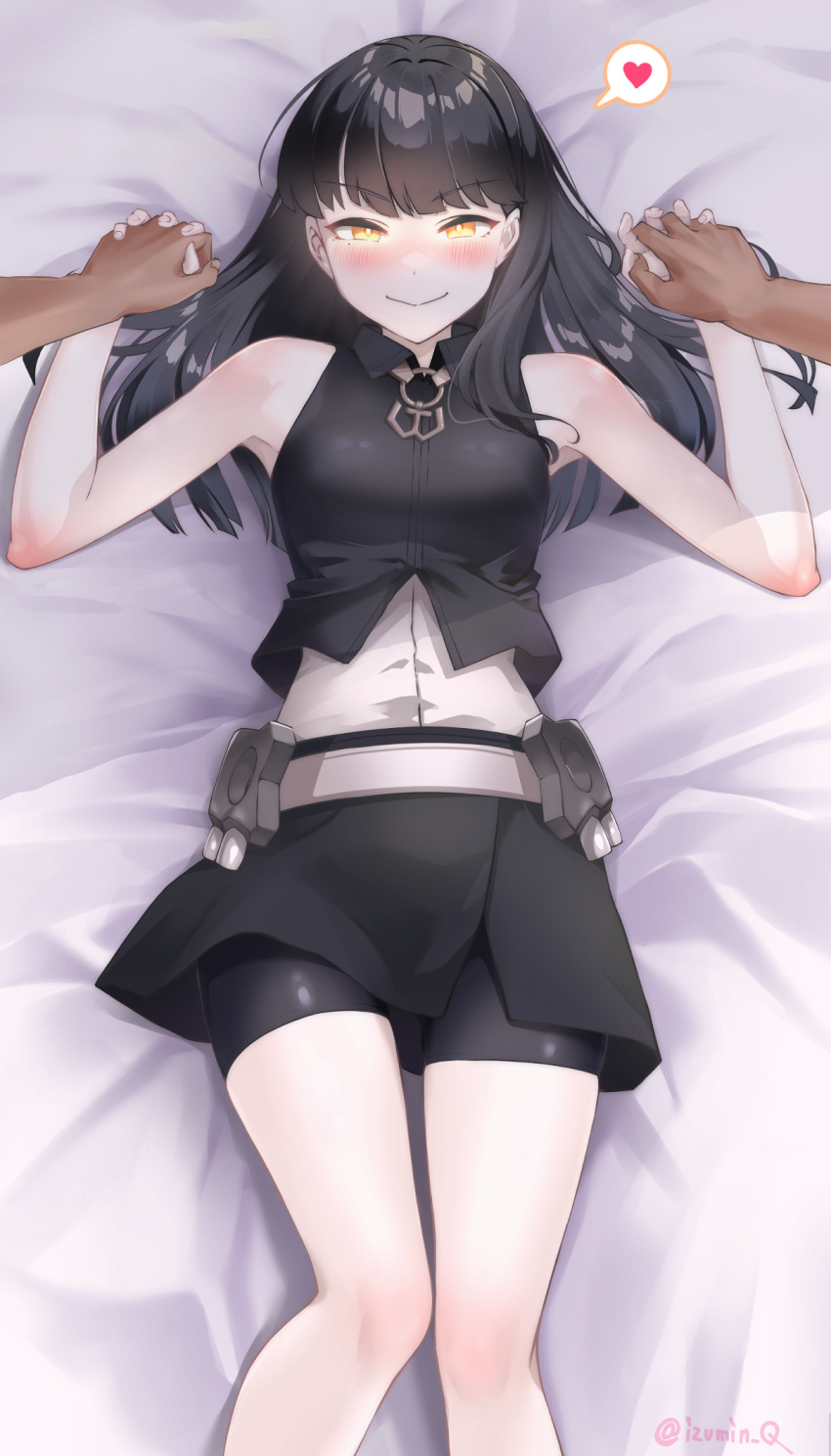 abyssal_ship alternate_costume belt bike_shorts black_hair black_shirt black_skirt blunt_bangs blush breasts closed_mouth commentary_request cowboy_shot dark_persona female glowing glowing_eyes heart highres holding_hands izumikuma kantai_collection looking_at_viewer lying medium_breasts on_back on_bed outer_southern_sea_destroyer_princess pov shirt skirt sleeveless sleeveless_shirt smile solo_focus spoken_heart yellow_eyes