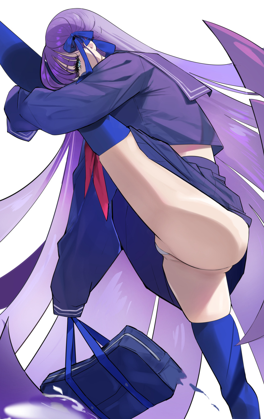 absurdres bag blue_eyes blue_ribbon blue_sailor_collar blue_shirt blue_skirt blue_thighhighs breasts fate/extra fate/extra_ccc fate/grand_order fate_(series) female hareno_chiame highres leg_up long_hair long_sleeves looking_at_viewer meltryllis_(fate) neckerchief panties purple_hair red_neckerchief ribbon sailor_collar school_bag shirt skirt small_breasts solo thighhighs thighs underwear very_long_hair white_panties