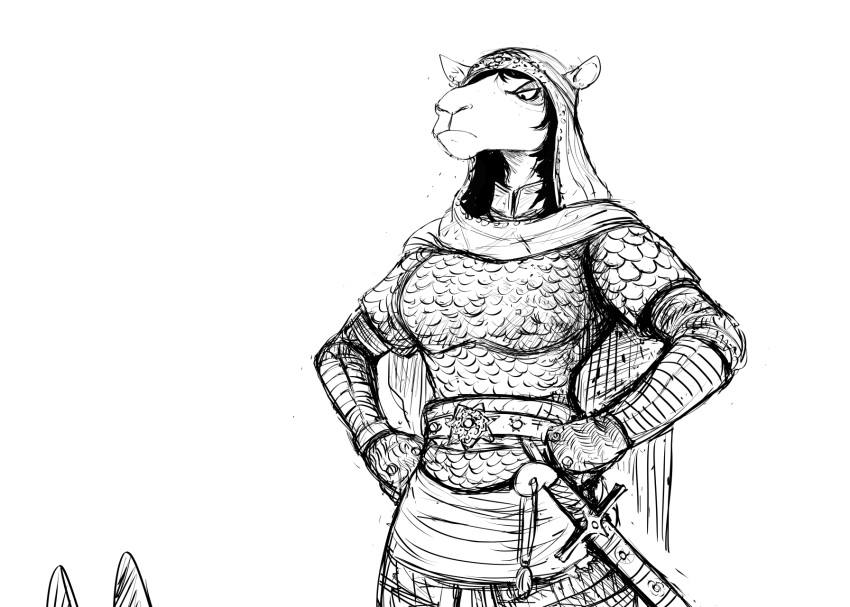 2024 anthro armor black_and_white camel camel_mamluk_(hladilnik) camelid female glare hands_on_hips hi_res hladilnik looking_down mammal melee_weapon monochrome sheathed_sword sheathed_weapon solo_focus sword weapon