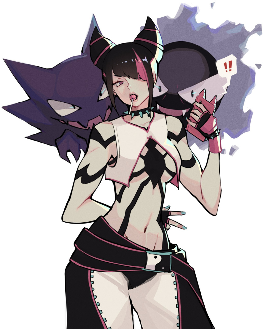 asymmetrical_bangs blue_nails candy collar female fingerless_gloves food gastly gloves hair_horns haunter highres holding holding_phone hyoon_(sockgyu) juri_han lollipop multicolored_hair navel phone pokemon pokemon_(creature) simple_background spiked_collar spikes streaked_hair street_fighter street_fighter_6 white_background yin_yang