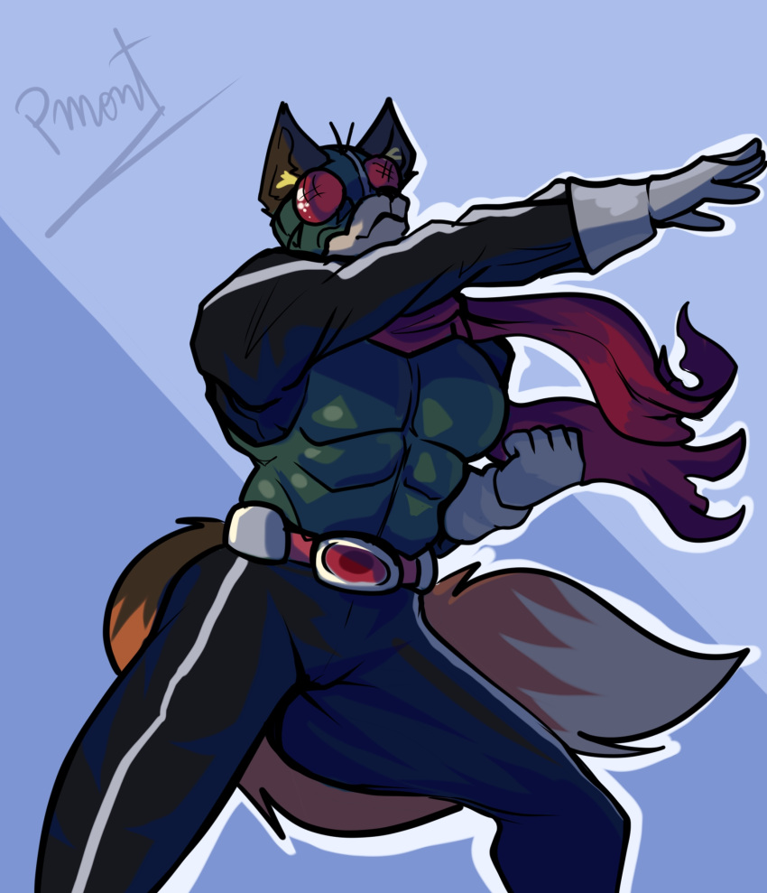 anthro armor belt canid canine canis clothed clothing cosplay crossover crossover_cosplay epic_games fanfic fanfiction fennix_(fortnite) fortnite fox fur gloves handwear headgear helmet hi_res kamen_rider male mammal mask multicolored_body multicolored_fur pinumontbalou scarf solo story story_at_source story_in_description tail