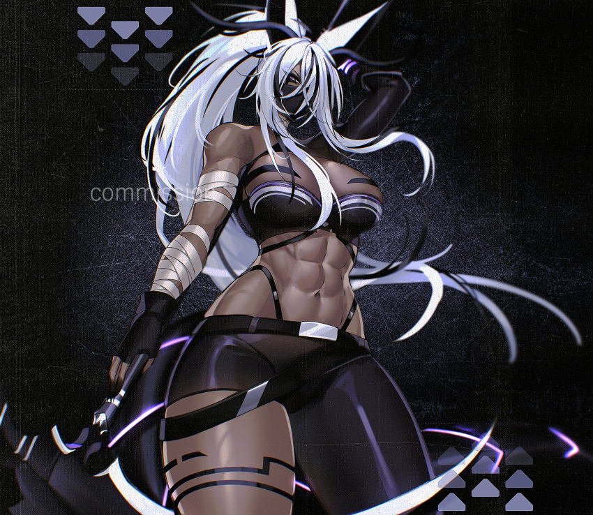 abs animal_ears arm_behind_head arm_wrap asymmetrical_clothes belt black_belt black_bra black_gloves black_hair black_mask black_sleeves bra breasts commission dark-skinned_female dark_skin female fingerless_gloves gloves highres holding holding_scythe indie_virtual_youtuber large_breasts long_hair mask misuna_kaziya mouth_mask multicolored_hair muscular muscular_female navel nsfwolf scythe single_pantsleg single_sleeve solo streaked_hair underwear virtual_youtuber white_hair