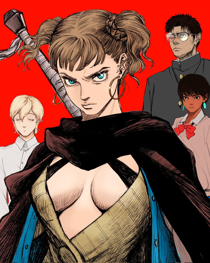 2boys 2girls ayase_momo ayase_momo_(cosplay) berserk casca_(berserk) cosplay crossover dandadan farnese_(berserk) guts_(berserk) highres multiple_boys multiple_girls nisino2222 school_uniform serpico_(berserk) shiratori_aira_(dandadan) sword takakura_ken_(dandadan) takakura_ken_(dandadan)_(cosplay) weapon