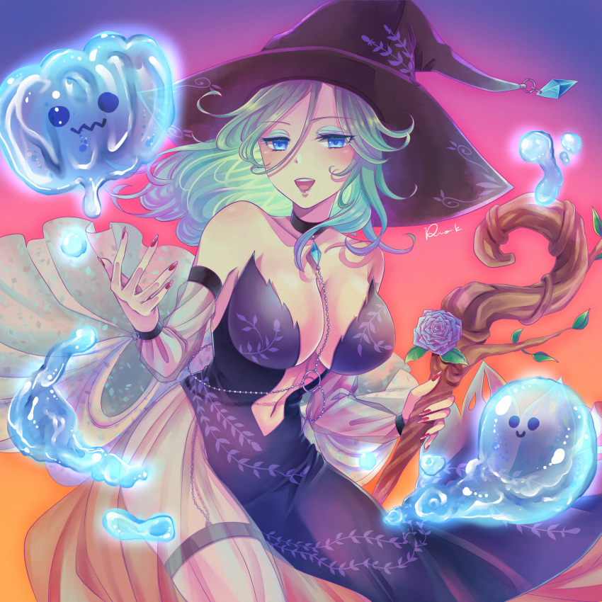 black_choker blue_eyes breasts choker cleavage dress female garter_straps ghost hair_between_eyes halloween hat highres holding holding_staff kageshitario large_breasts long_hair looking_at_viewer nail_polish navel open_mouth pumpkin romancing_saga_3 saga smile solo staff undine_(romancing_saga) witch_hat