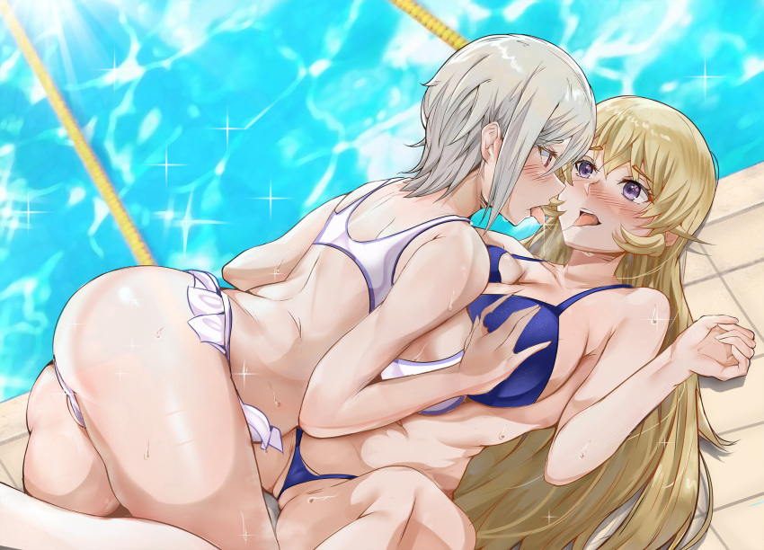 2girls after_kiss ass bikini blonde_hair blush breasts cousins cowgirl_position grabbing_another's_breast grey_hair groping highres incest large_breasts long_hair lying multiple_girls nakiri_alice nakiri_erina on_back pool purple_eyes red_eyes saliva saliva_trail shokugeki_no_souma short_hair swimsuit t3x teeth tongue tongue_out upper_teeth_only yuri