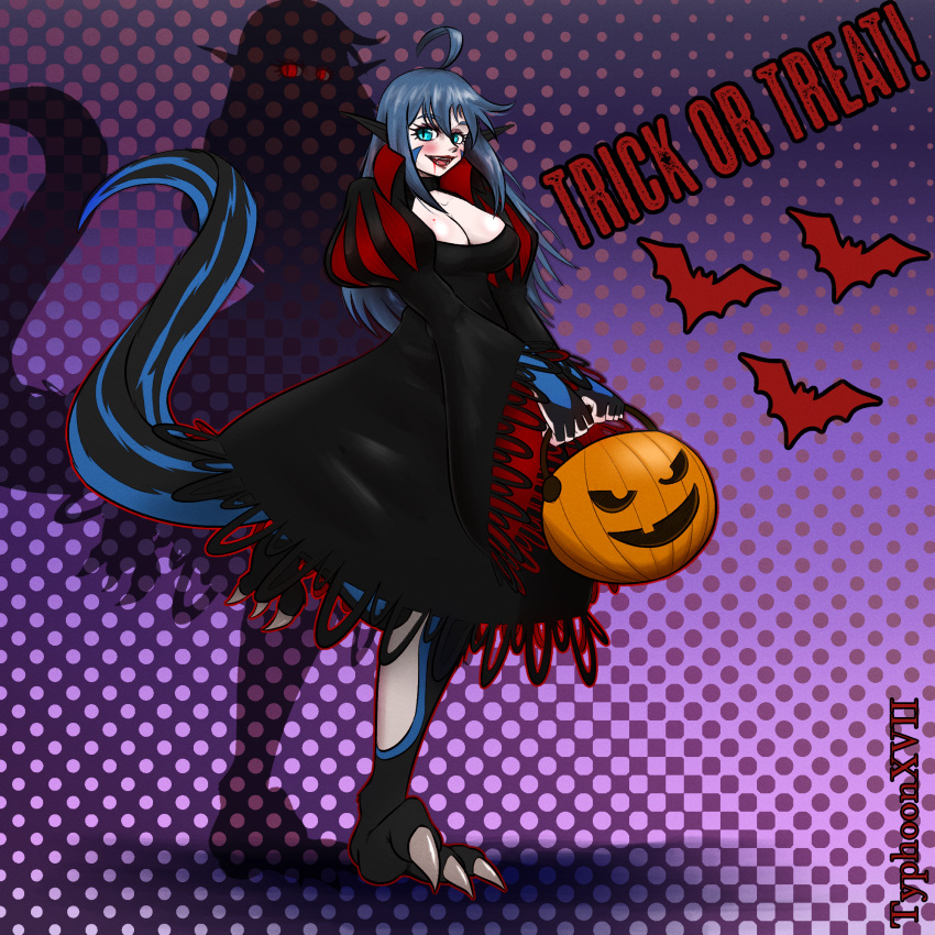 1girls ahoge big_breasts black_scales blue_eyes blue_hair blue_stripes breasts breasts_bigger_than_head candy_bucket clawed_toes cleavage clothed_female clothing color digital_media_(artwork) digitigrade dinosaur dinosaur_girl dinosaur_humanoid dinoterra dromaeosaurid evil_eyes eyelashes f-cup_breasts female halloween halloween_costume husa_(species) long_ears long_hair monster_girl oc original_character pale_skin pale_skinned_female pumpkin_basket raptor saphira saphira_ravennor sfw shadow shadow_creature sickle_claw skirt solo solo_female solo_focus stripes tagme tail trick_or_treat typhoon_(artist) vampire vampire_costume