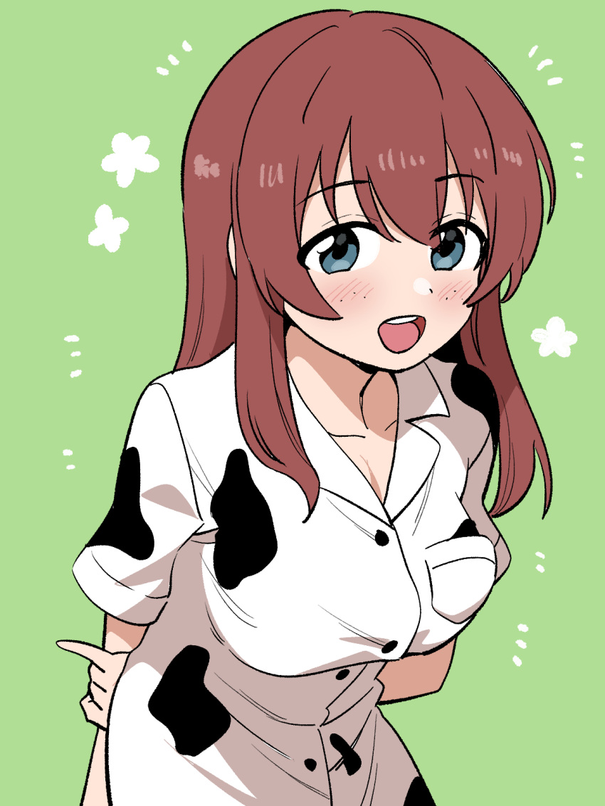 :d animal_print arms_behind_back blue_eyes blush breasts brown_hair cleavage collarbone collared_shirt commentary_request cow_print emma_verde female freckles green_background grey_eyes hair_down highres koaraya large_breasts leaning_forward long_hair looking_at_viewer love_live! love_live!_nijigasaki_high_school_idol_club love_live!_nijigasaki_high_school_idol_club_kanketsu-hen official_alternate_costume official_alternate_hairstyle open_mouth pajamas print_pajamas print_shirt shirt short_sleeves simple_background smile solo teeth upper_teeth_only white_pajamas white_shirt