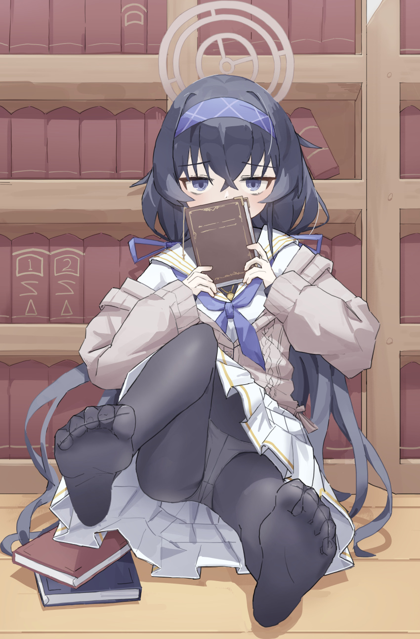 absurdres black_hair black_pantyhose blue_archive blue_bow blue_bowtie blue_hairband book bookshelf bow bowtie cardigan covering_face deuroseu feet female grey_halo hair_between_eyes hairband halo highres holding holding_book legs library long_hair long_skirt on_floor panties panties_under_pantyhose pantyhose purple_eyes sitting skirt soles solo toes ui_(blue_archive) underwear white_panties white_skirt