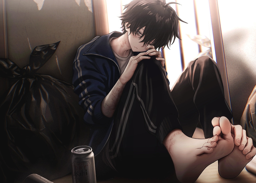 1boy absurdres alcohol bags_under_eyes bandaged_arm bandages bandaid bandaid_on_hand barefoot beer beer_can black_hair black_pants blue_jacket can closed_mouth commentary drink_can feet grey_eyes hands_on_own_knee highres imai-kun_(imai_akira) imai_akira jacket looking_at_viewer male_focus on_floor open_clothes open_jacket original pants scar shirt sitting solo symbol-only_commentary toes track_jacket track_pants trash_bag white_shirt