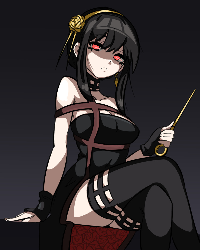 absurdres black_background black_dress black_footwear black_gloves black_hair boots breasts cleavage closed_mouth commentary crossed_legs dagger dress english_commentary female fingerless_gloves frown ghuler gloves gold_hairband gradient_background hairband highres knife large_breasts red_eyes sitting solo spy_x_family stiletto_(weapon) thigh_boots two-tone_dress weapon yor_briar