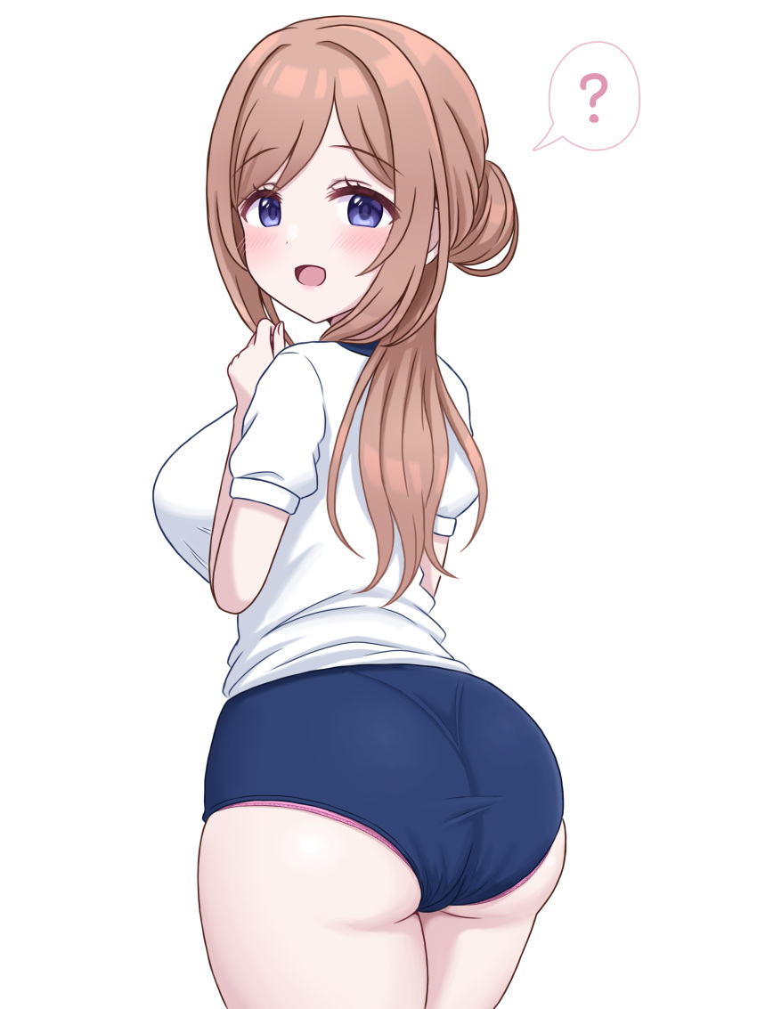 ? absurdres asphodelus_8 ass blue_buruma blue_eyes blush breasts brown_hair buruma commentary_request female gakuen_idolmaster gym_shirt gym_uniform highres himesaki_rinami huge_ass idolmaster large_breasts long_hair looking_at_viewer looking_back panties panty_peek pink_panties shirt simple_background smile solo spoken_question_mark thick_thighs thighs underwear very_long_hair white_background white_shirt