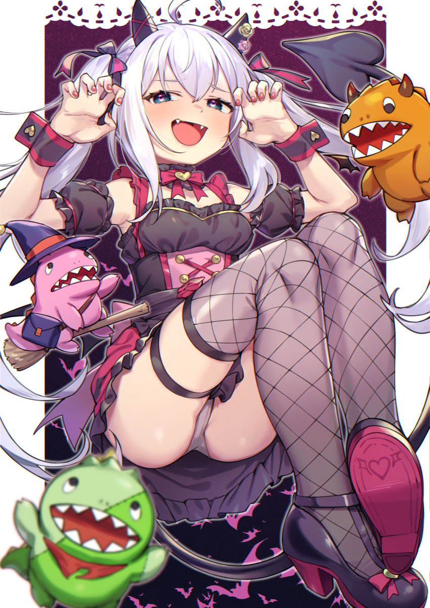 :d absurdres ahoge armpits ass bat_(animal) black_dress black_footwear blue_eyes blush breasts buttons claw_pose demon_horns detached_sleeves dot_nose double-parted_bangs dress eyelashes fangs female fishnet_thighhighs fishnets frilled_dress frills full_body grey_hair grey_panties hair_ribbon half-closed_eyes heart heart-shaped_pupils highres horns idolmaster idolmaster_million_live! idolmaster_million_live!_theater_days legs_together long_hair looking_at_viewer mochizuki_anna official_alternate_costume official_alternate_hair_color official_alternate_hairstyle open_mouth panties pantyshot pink_nails puffy_detached_sleeves puffy_sleeves ribbon seductive_smile shennai_misha sidelocks small_breasts smile solo stuffed_animal stuffed_toy symbol-shaped_pupils thigh_strap thighhighs thighs toy_dinosaur twintails underwear very_long_hair wrist_cuffs