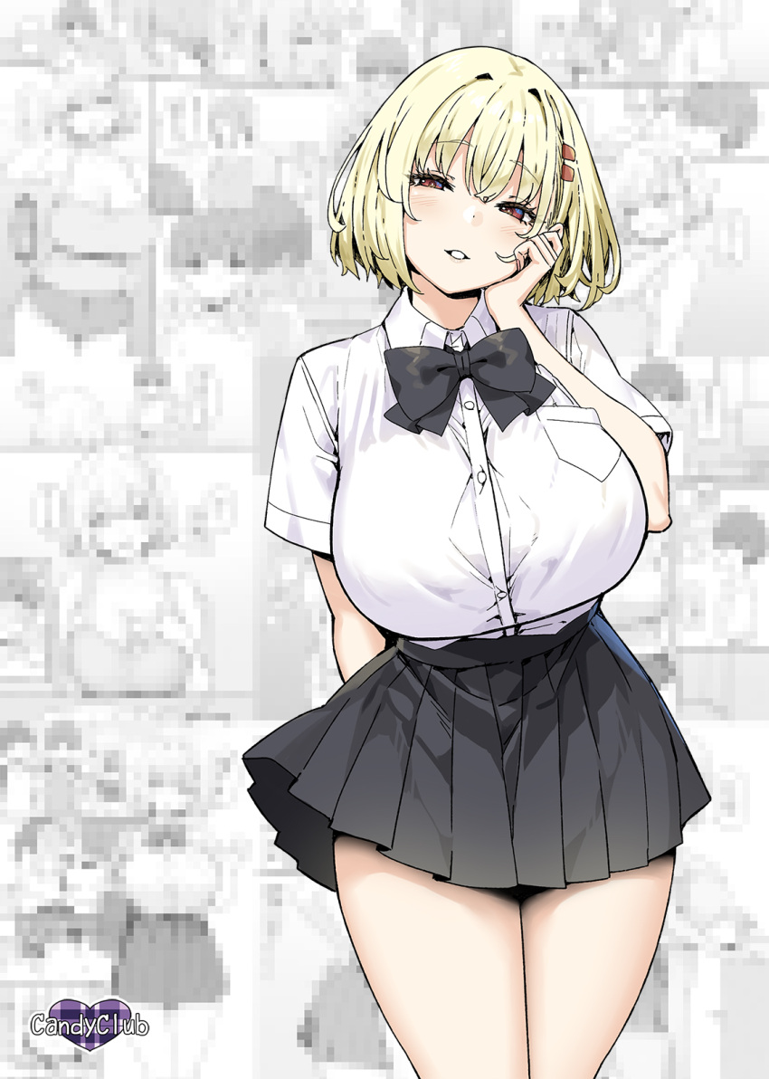 arm_behind_back black_bow black_bowtie black_skirt blonde_hair bob_cut bow bowtie breast_pocket breasts brown_eyes collared_shirt comic_background commentary_request cowboy_shot female grin hand_on_own_cheek hand_on_own_face highres himeko_(sky-freedom) joshi_kousei_rich_thots large_breasts long_hair looking_at_viewer mosaic_background pleated_skirt pocket school_uniform shirt shirt_tucked_in short_hair short_sleeves skirt sky-freedom smile solo standing thick_thighs thighs white_background