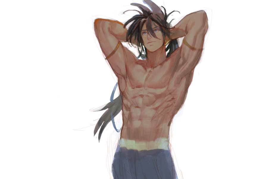 1boy abs absurdres af_cf arms_behind_head arms_up blue_eyes blue_pants brown_hair closed_mouth commentary_request cowboy_shot hair_between_eyes highres long_hair looking_up male_focus navel one-punch_man pants pectorals ponytail simple_background solo suiryuu_(one-punch_man) topless_male very_long_hair white_background