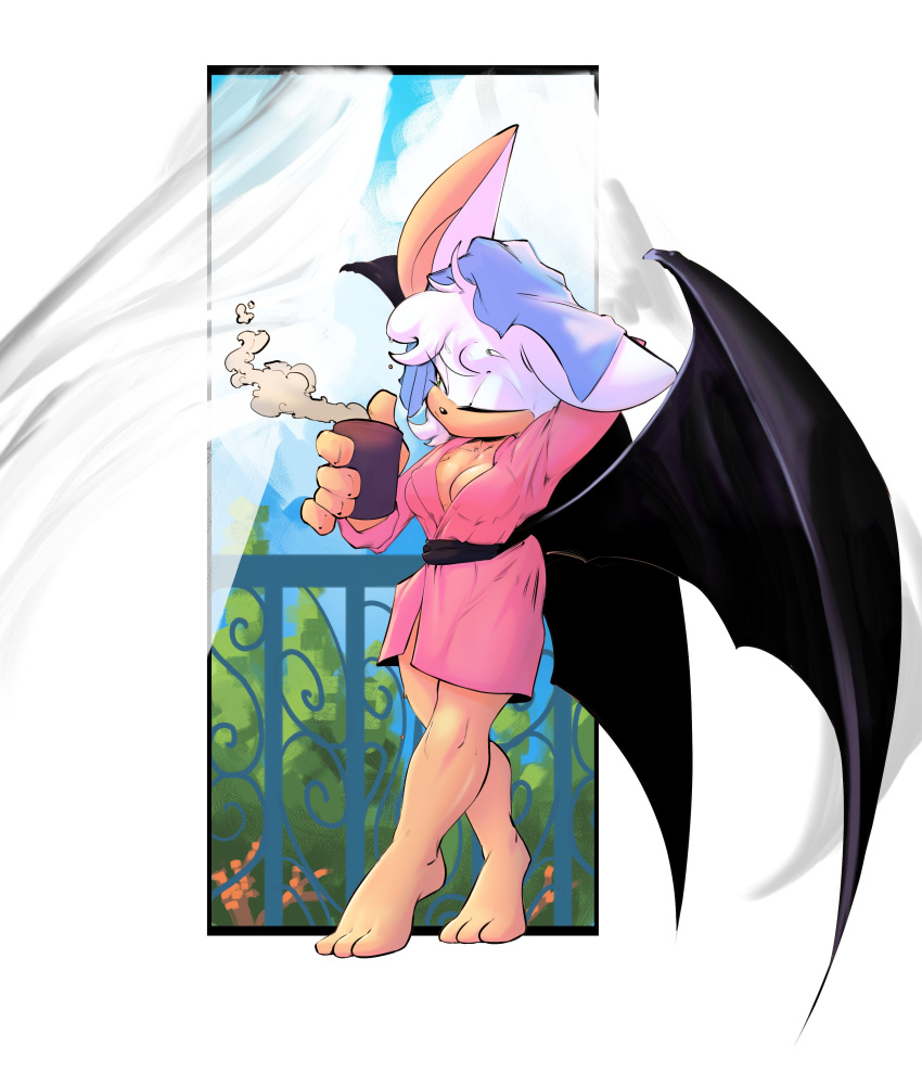 absurdres animal_ears bare_legs bat_ears bat_girl breasts cleavage coffee_mug cup curtains female furry furry_female highres mug noideasfornicks one_eye_closed robe rouge_the_bat solo sonic_(series) standing steam towel towel_on_head window wings