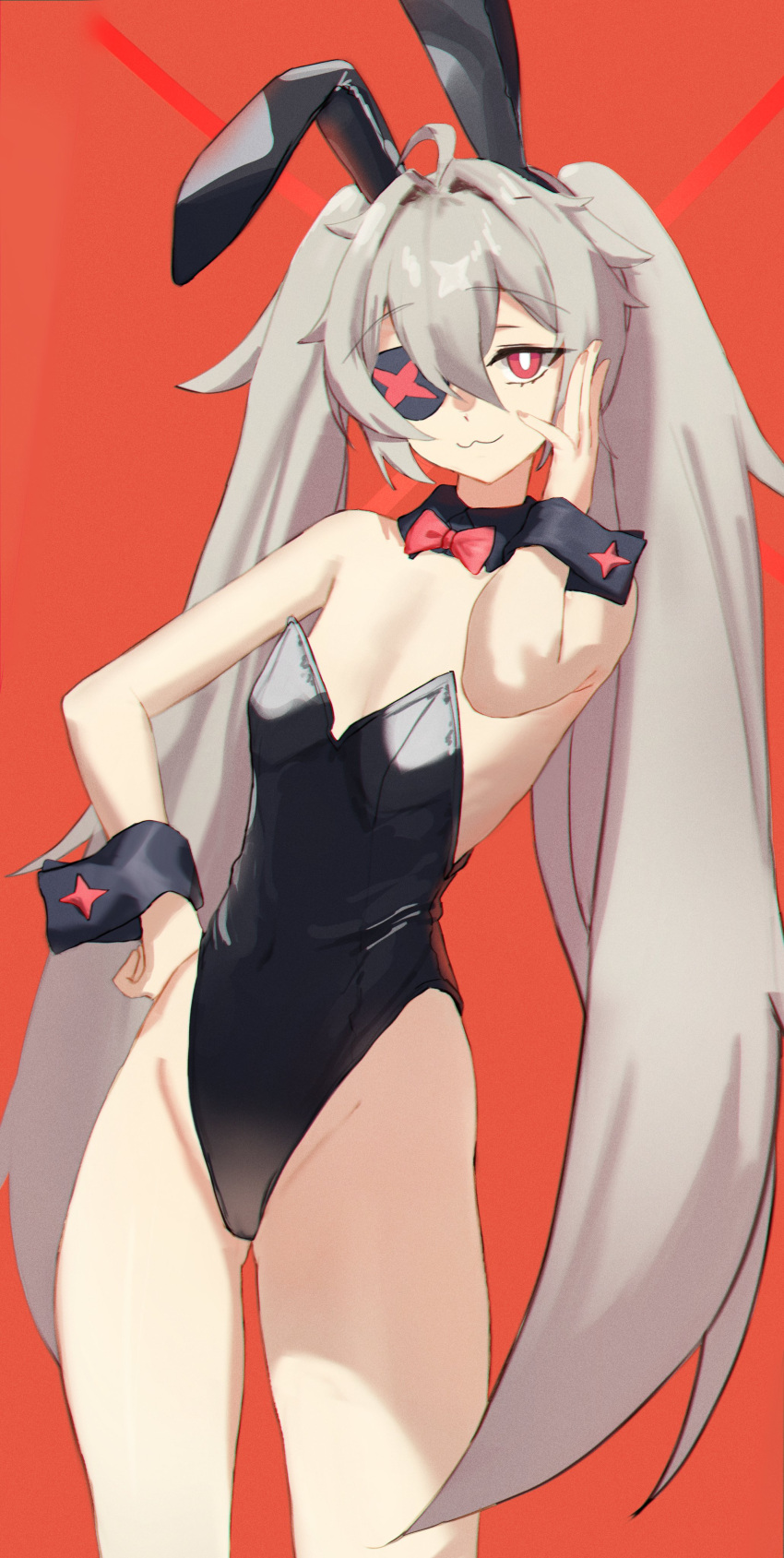 :3 absurdres ahoge animal_ears bare_shoulders black_leotard bow bowtie bright_pupils closed_mouth covered_navel cowboy_shot detached_collar djmax eyepatch fail_(djmax) fake_animal_ears female flat_chest grey_hair groin hair_between_eyes hair_intakes hand_on_own_hip hand_up highres krabking leotard long_hair looking_at_viewer playboy_bunny rabbit_ears red_background red_eyes smile solo standing twintails white_pupils wrist_cuffs