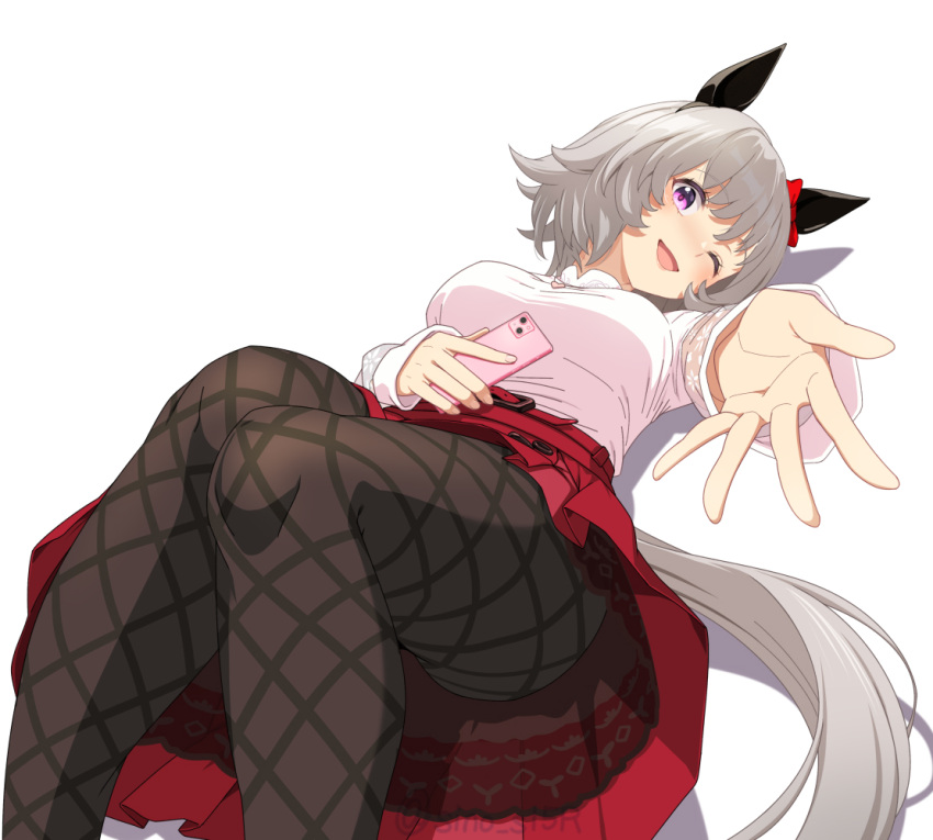 animal_ears black_pantyhose blush bow breasts cellphone commentary_request commission curren_chan_(umamusume) ear_bow ear_covers feet_out_of_frame female fishnet_pantyhose fishnets grey_hair holding holding_phone horse_ears horse_girl horse_tail long_sleeves looking_at_viewer lying masaki_shino medium_breasts on_back one_eye_closed open_mouth pantyhose phone pixiv_commission pleated_skirt purple_eyes reaching reaching_towards_viewer red_bow red_skirt shirt simple_background skirt smartphone smile solo tail umamusume white_background white_shirt