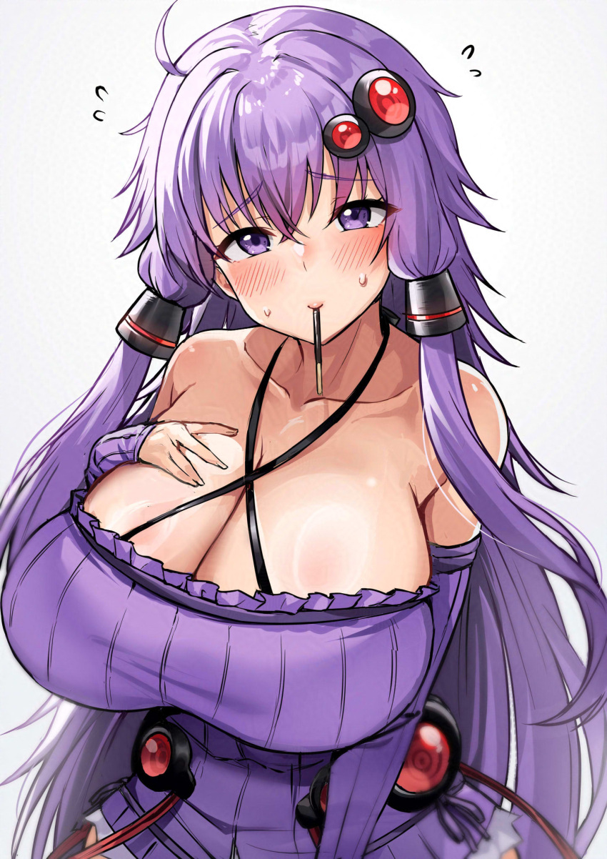 bare_shoulders blush breasts cleavage collarbone detached_sleeves dress female flying_sweatdrops food_in_mouth grey_background hair_ornament hand_on_own_chest highres huge_breasts long_hair looking_at_viewer pocky_day purple_eyes purple_hair short_hair_with_long_locks sidelocks simple_background solo sweat tenneko_yuuri upper_body voiceroid yuzuki_yukari