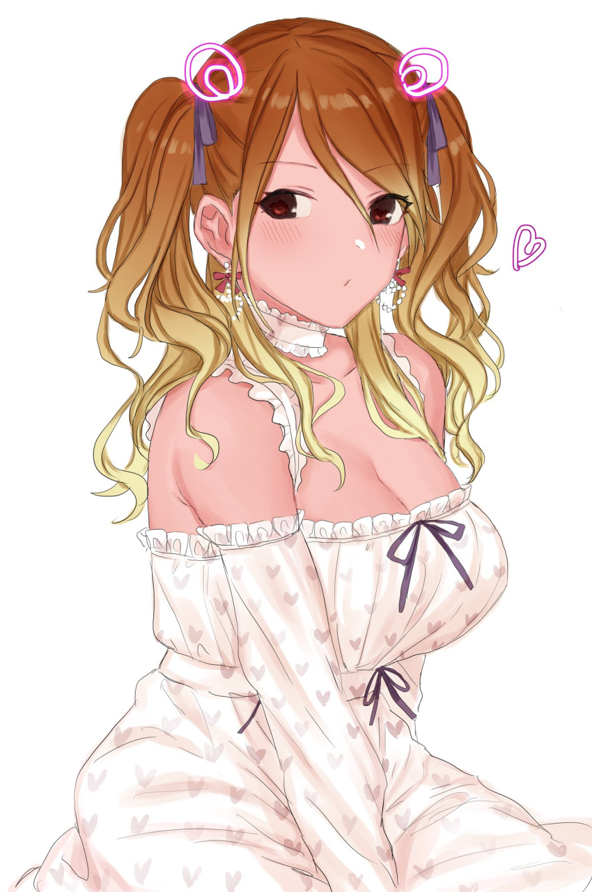 alternate_hairstyle arm_between_legs bare_shoulders black_eyes blonde_hair blue_ribbon blush bow breasts brown_bow brown_hair choker cleavage collarbone commentary dark-skinned_female dark_skin detached_sleeves dot_nose dress earrings female frilled_choker frilled_sleeves frills from_side gradient_hair gyaru hair_ribbon hairbow heart heart_print highres idolmaster idolmaster_shiny_colors izumi_mei jewelry kakeru_(fujiwara_kakeru) large_breasts long_hair looking_at_viewer multicolored_hair parted_lips print_dress print_sleeves red_ribbon ribbon ribbon_earrings simple_background sitting sleeveless sleeveless_dress solo twintails white_background white_choker white_dress white_sleeves