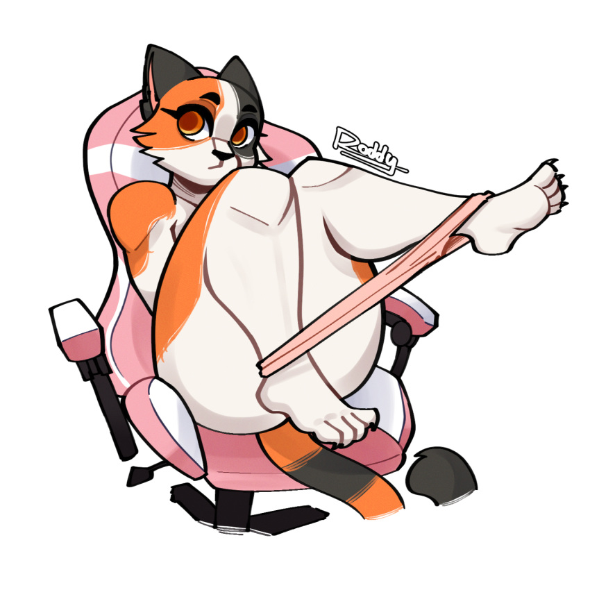 1:1 2024 ambiguous_gender anthro black_body black_fur black_nose calico_cat chair clothing domestic_cat felid feline felis fur furniture gaming_chair hi_res mammal on_chair orange_body orange_eyes orange_fur panties pink_chair rodd.y simple_background sitting sitting_on_chair solo underwear white_background white_body white_fur