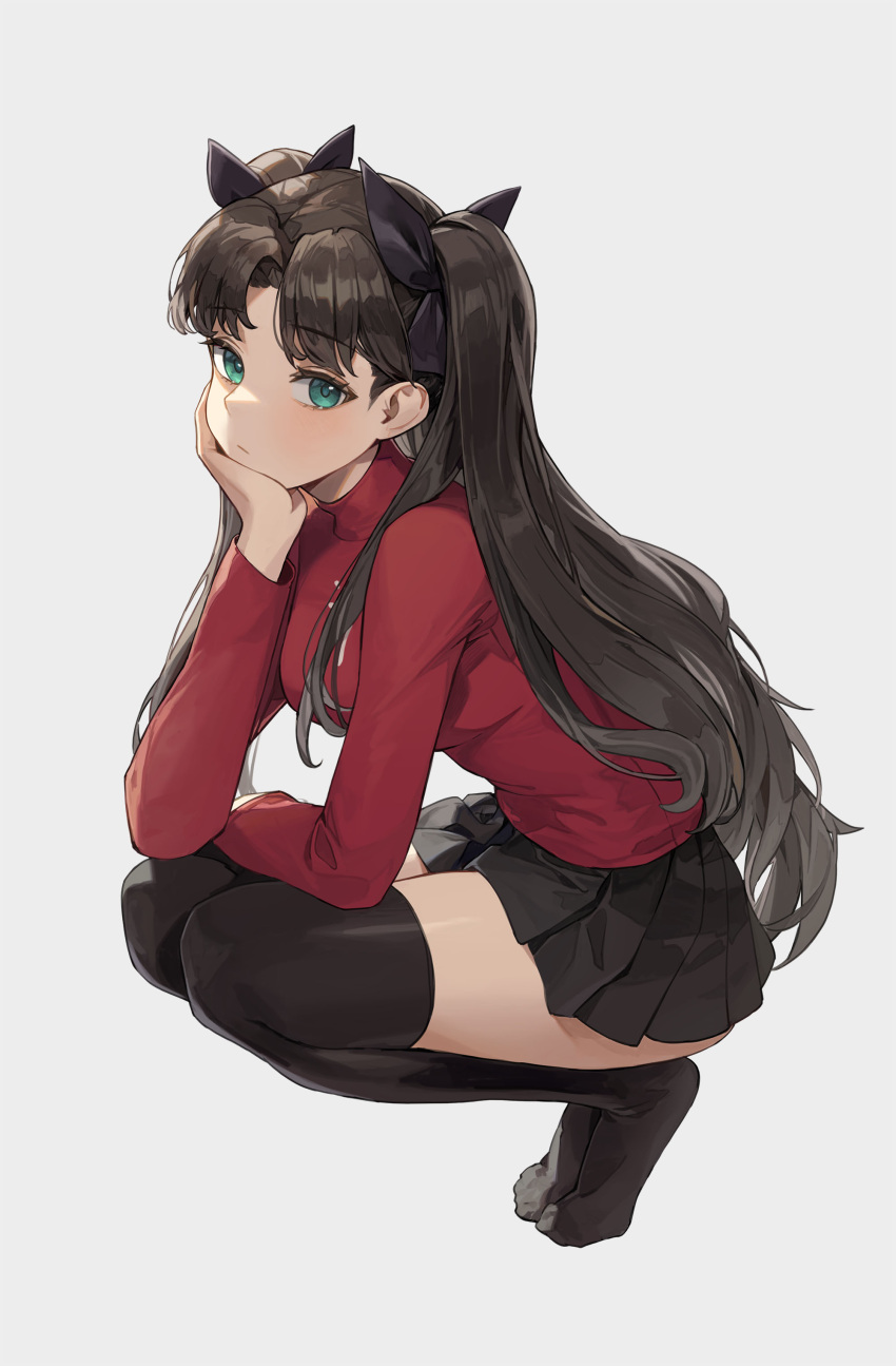 absurdres black_bow black_hair black_skirt black_thighhighs bow breasts closed_mouth commentary cotta_(heleif) elbow_rest fate/stay_night fate_(series) feet feet_up female from_side full_body green_eyes hair_intakes hairbow hand_on_own_chin head_rest highres legs long_hair long_sleeves looking_at_viewer medium_breasts miniskirt no_shoes pleated_skirt red_sweater simple_background skirt solo squatting sweater thighhighs tiptoes toes tohsaka_rin turtleneck turtleneck_sweater two_side_up zettai_ryouiki