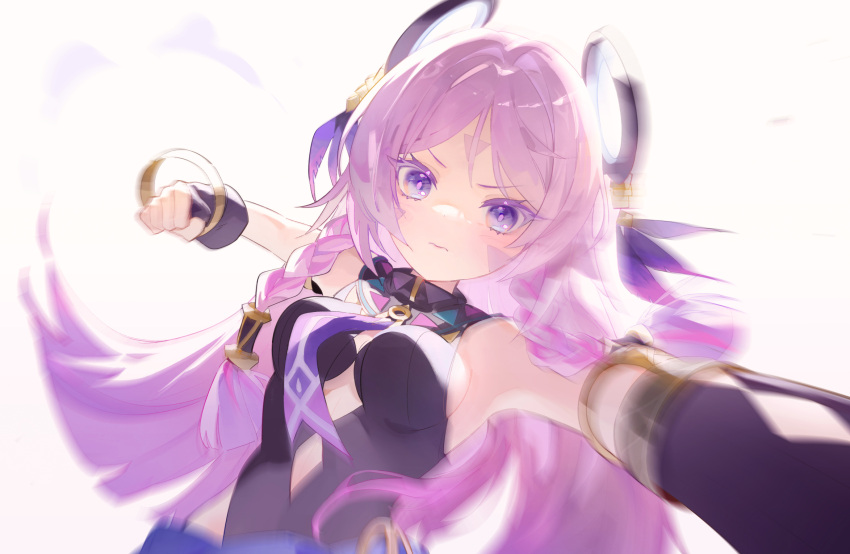 angry black_gloves braid breasts citlali_(genshin_impact) clenched_hand colored_eyelashes commentary english_commentary facial_mark female fingerless_gloves forehead_mark genshin_impact gloves hair_ornament highres incoming_attack juffles long_hair looking_at_viewer medium_breasts pink_hair purple_eyes purple_pupils simple_background solo twin_braids upper_body v-shaped_eyebrows very_long_hair white_background