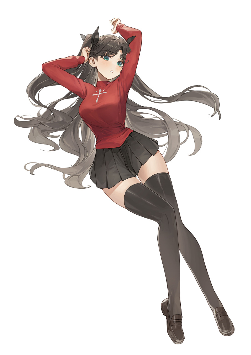 absurdres arms_up black_bow black_footwear black_hair black_thighhighs blue_eyes blush bow breasts commentary cotta_(heleif) fate/stay_night fate_(series) female full_body hair_ribbon hairbow highres legs loafers long_hair long_legs looking_at_viewer medium_breasts parted_lips red_sweater ribbon shoes simple_background skindentation solo sweater thighhighs tohsaka_rin white_background zettai_ryouiki