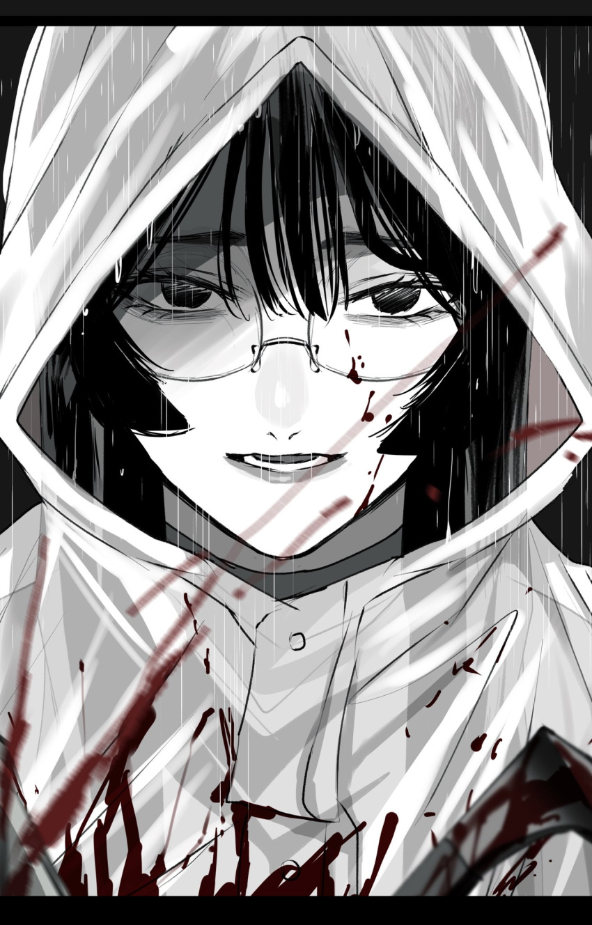 blood blood_on_clothes blood_on_face commentary female glasses greyscale gunjyou_(gunjyou_00) highres hood hood_up letterboxed long_hair monochrome original rain raincoat solo spot_color symbol-only_commentary