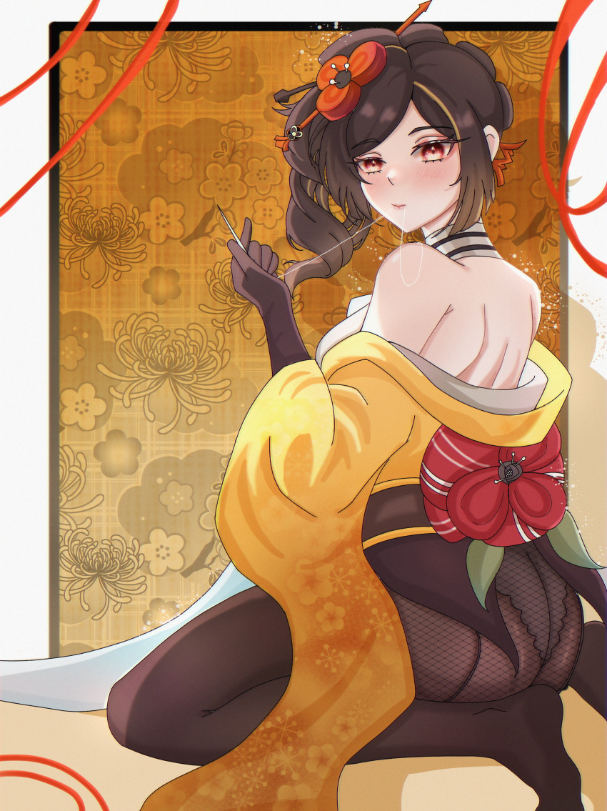 absurdres ass bare_shoulders black_hair blush brown_pantyhose chiori_(genshin_impact) female genshin_impact gloves hand_up haori highres holding_sewing_needle hzujustin japanese_clothes looking_at_viewer medium_hair no_shoes off_shoulder pantyhose red_eyes seiza side_ponytail sitting solo thread