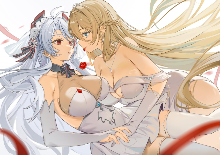 2girls absurdly_long_hair antenna_hair ariko_(aaaaarik) azur_lane bare_shoulders bismarck_(azur_lane) bismarck_(wedding_dominion)_(azur_lane) blonde_hair breasts bridal_gauntlets bridal_veil clothing_cutout dress flower hair_between_eyes headgear highres holding_hands jewelry large_breasts long_hair long_hair_between_eyes looking_at_another mouth_hold multicolored_hair multiple_girls necklace official_alternate_costume petal_in_mouth prinz_eugen_(azur_lane) prinz_eugen_(symphonic_fate)_(azur_lane) red_flower red_hair red_rose rose simple_background streaked_hair string string_of_fate thighhighs underboob_cutout veil very_long_hair wedding_dress white_background white_dress white_hair white_theme white_thighhighs wife_and_wife yuri zettai_ryouiki