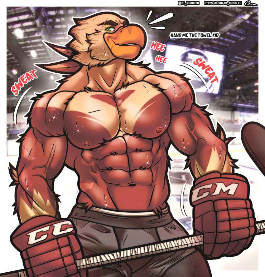 abs absurd_res accipitrid accipitriform avian barazoku bird bodily_fluids brown_body cl.rudolph clothing dash eagle english_text gloves green_eyes handwear hi_res hockey male muscular nipples scar solo sport superabsurd_res sweat text url white_body