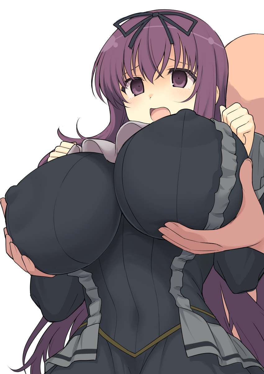 1boy absurdres black_ribbon breasts covered_navel covered_nipples faceless faceless_male female gothic_lolita grabbing_another's_breast grabbing_from_behind groping hair_ribbon highres huge_breasts lolita_fashion murasaki_(senran_kagura) no_bra open_mouth perapera prehensile_hair purple_eyes purple_hair ribbon senran_kagura simple_background solo_focus surprised tearing_up white_background