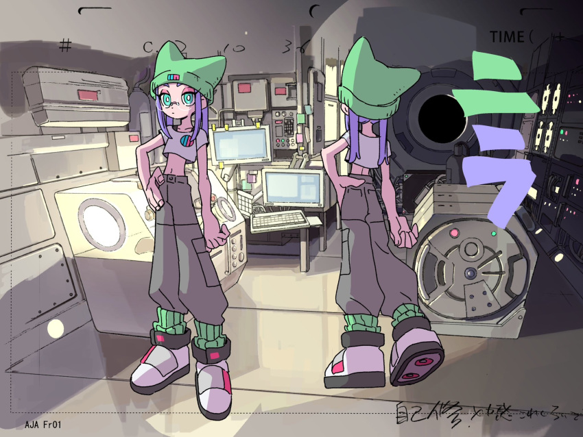 2girls animal_hat anime_coloring aqua_eyes arm_at_side baggy_pants beanie black_bra bra buttons cargo_pants cat_hat character_name collarbone commentary_request computer computer_keyboard concept_art cropped_shirt expressionless eyeshadow facing_away facing_viewer from_behind glasses green_hat green_socks grey_pants hanabushi hands_on_own_hips hat hat_with_ears highres indoors long_hair makeup midriff monitor multiple_girls multiple_views narrow_waist navel nira-chan nira-chan_(uso_janai)_(zutomayo) official_art pants pink_eyeshadow pocket print_hat print_shirt production_art purple_hair reference_sheet rimless_eyewear round_eyewear second-party_source shirt shoes short_sleeves sidelocks skinny socks standing standing_on_one_leg tube_socks turnaround twintails underwear uso_janai_(zutomayo) white_footwear white_shirt white_sleeves zutto_mayonaka_de_ii_no_ni