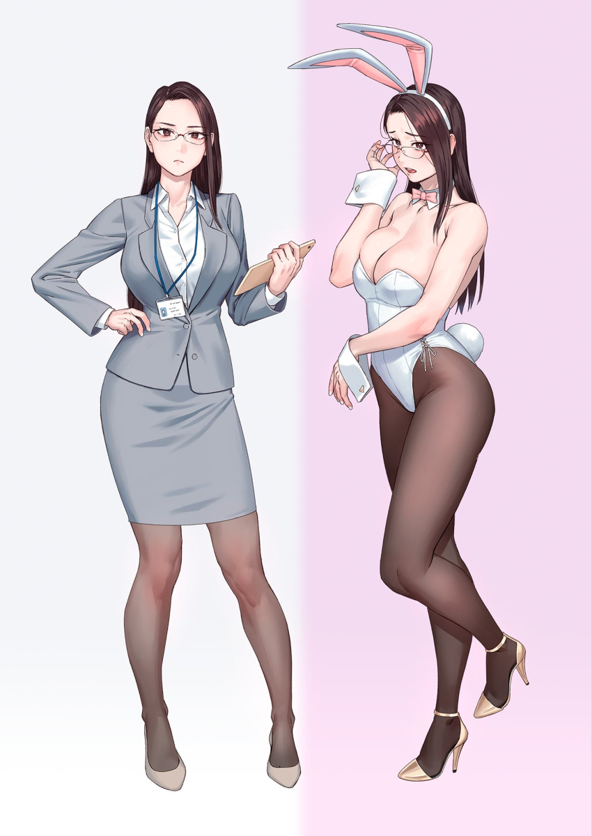 animal_ears bare_shoulders blush bow bowtie breasts brown_eyes brown_hair cleavage commentary_request detached_collar fake_animal_ears female formal_clothes full_body glasses grey_background hand_on_own_hip high_heels highres large_breasts leotard long_hair long_sleeves looking_at_viewer office_lady original pantyhose pencil_skirt playboy_bunny rabbit_ears rabbit_tail shirt shoes simple_background skirt skirt_suit standing strapless strapless_leotard suit tail wrist_cuffs yuuji_(and)