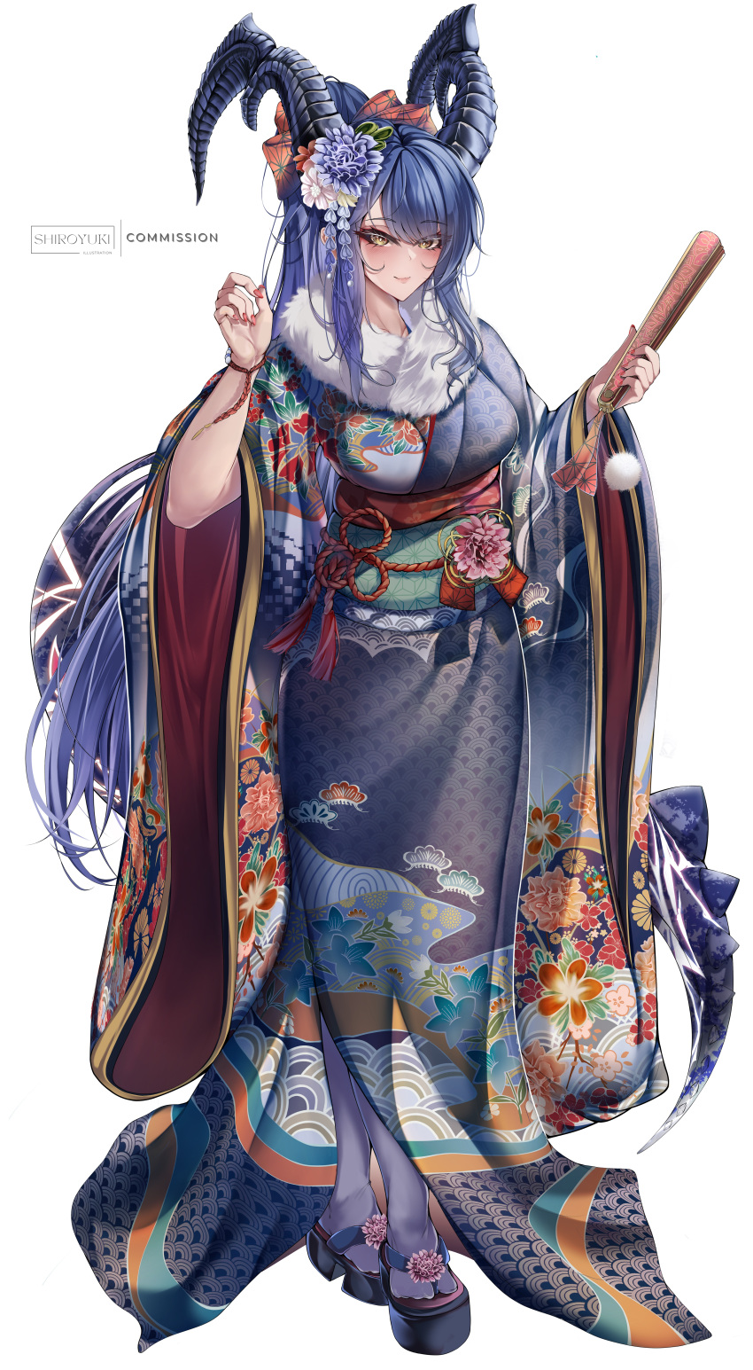 absurdres artist_name blue_hair blue_kimono commission dragon_girl dragon_horns female floral_print floral_print_kimono flower folded_fan folding_fan full_body furisode green_sash hair_flower hair_ornament hand_fan highres holding holding_fan horns japanese_clothes kimono long_hair long_sleeves original platform_footwear purple_flower sash shiroyuki_(shiroyuki003) simple_background solo very_long_hair white_background white_flower wide_sleeves yellow_eyes