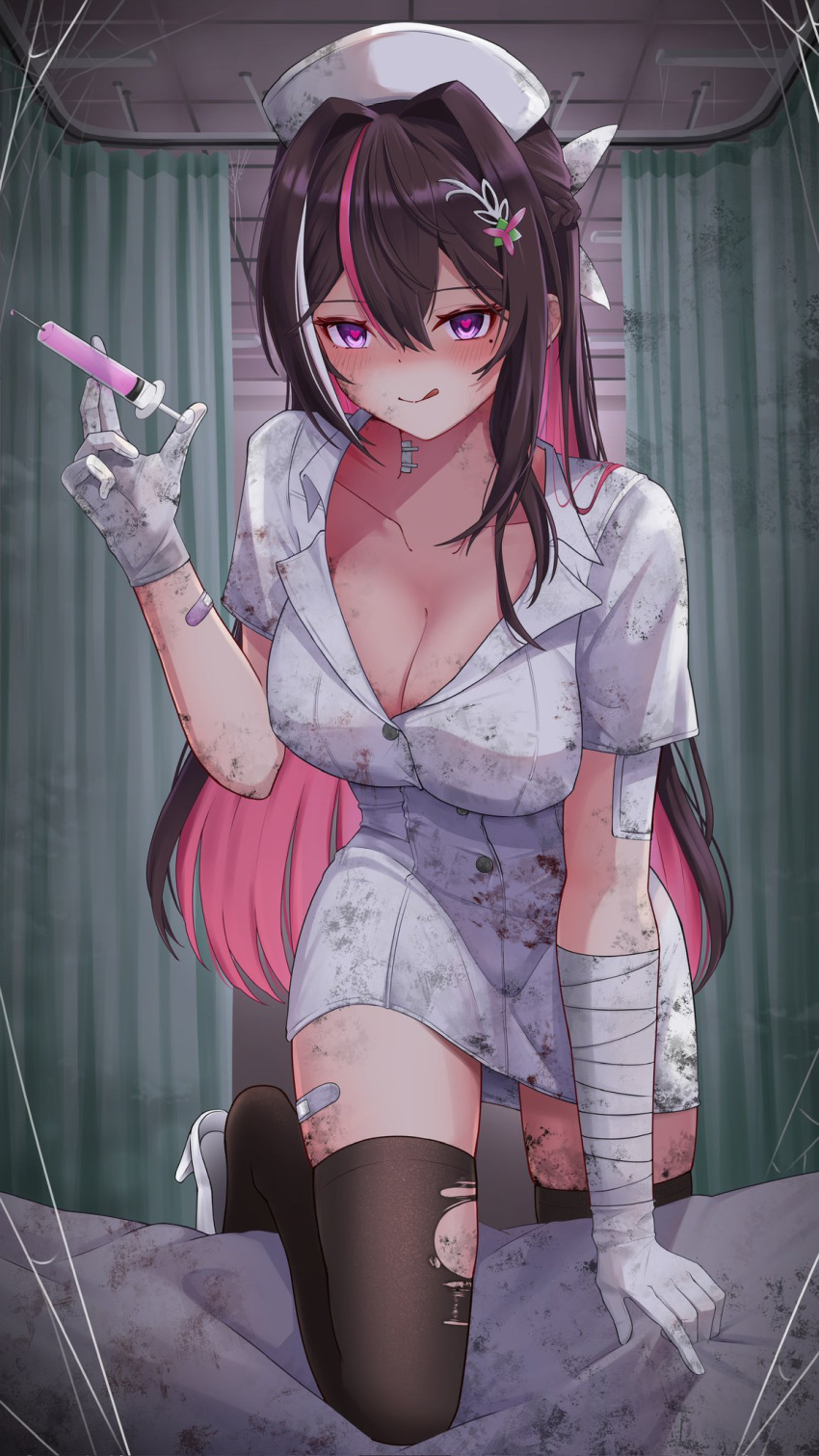 :q alternate_costume azki_(hololive) bandaged_arm bandages bandaid bandaid_on_arm bandaid_on_leg bed_sheet black_thighhighs blush braid breasts brown_hair closed_mouth colored_inner_hair commentary_request curtains dirty dirty_clothes double-parted_bangs dress female gloves hair_between_eyes hair_intakes hair_ornament hairpin hat heart heart-shaped_pupils high_heels highres hiiragi_melt holding holding_syringe hololive indoors large_breasts latex latex_gloves leg_up long_hair looking_at_viewer looking_back mole mole_under_eye multicolored_hair nurse nurse_cap pink_hair purple_eyes shaded_face shoe_dangle short_sleeves single_sidelock smile solo streaked_hair symbol-shaped_pupils syringe thighhighs tongue tongue_out torn_clothes torn_thighhighs very_long_hair virtual_youtuber white_dress white_footwear white_gloves white_hair yandere zettai_ryouiki