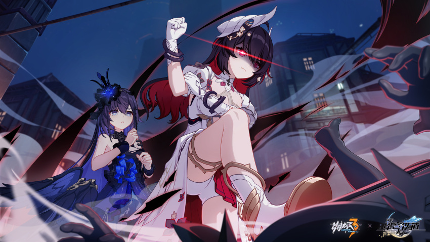 2girls black_dress black_hair blue_hair building chinese_commentary clenched_hand colored_inner_hair commentary_request dress dual_persona gloves hair_ornament highres honkai_(series) honkai_impact_3rd multicolored_hair multiple_girls official_art puffy_short_sleeves puffy_sleeves purple_hair red_eyes red_hair seele_(alter_ego) seele_vollerei seele_vollerei_(eternal_night's_embrace) seele_vollerei_(herrscher_of_rebirth) seele_vollerei_(on_fair_clouds) seele_vollerei_(starchasm_nyx) short_sleeves white_dress white_footwear white_gloves wrist_cuffs